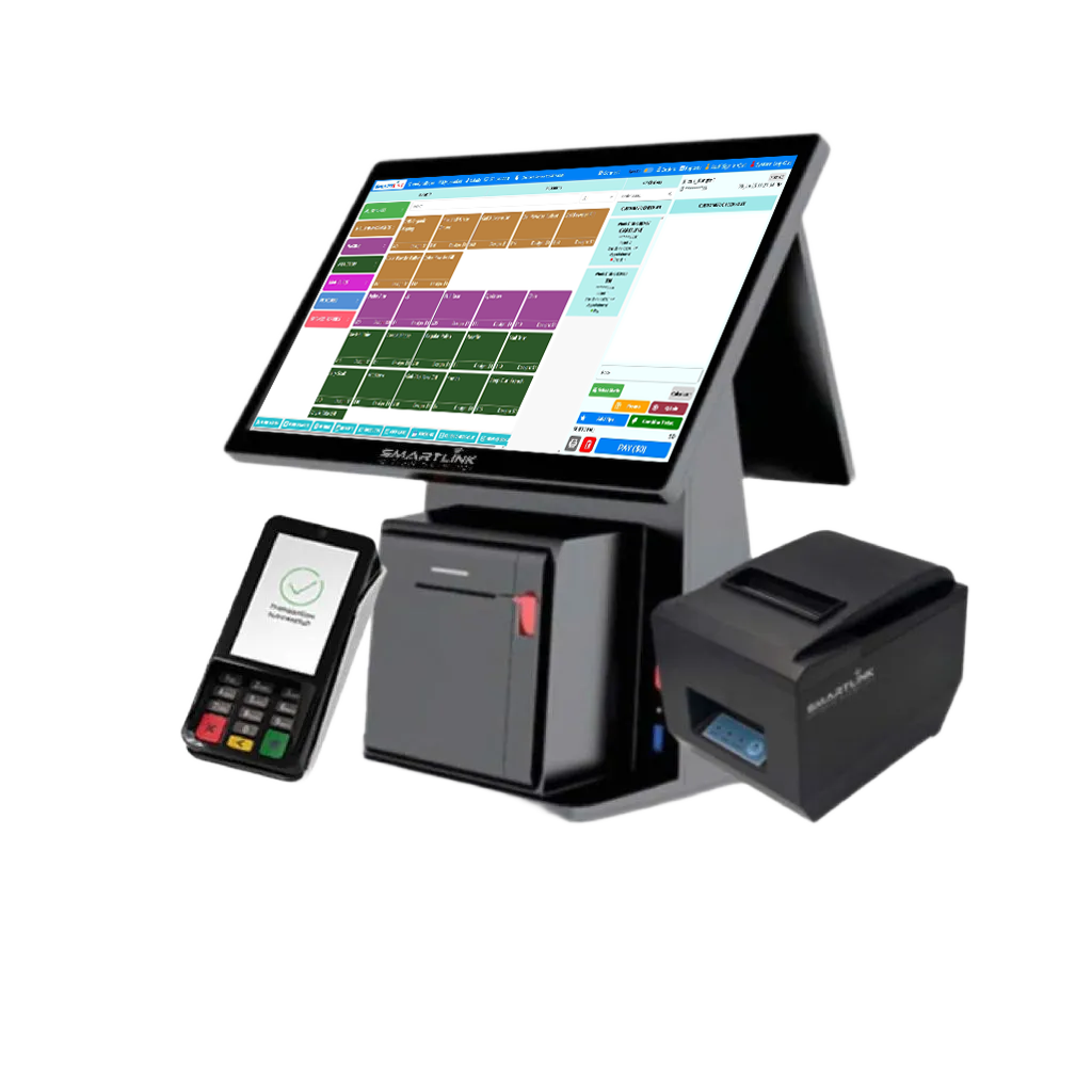 Bộ thiết bị POS SmartLink: màn hình cảm ứng, máy in, scanner, máy cà thẻ, router
